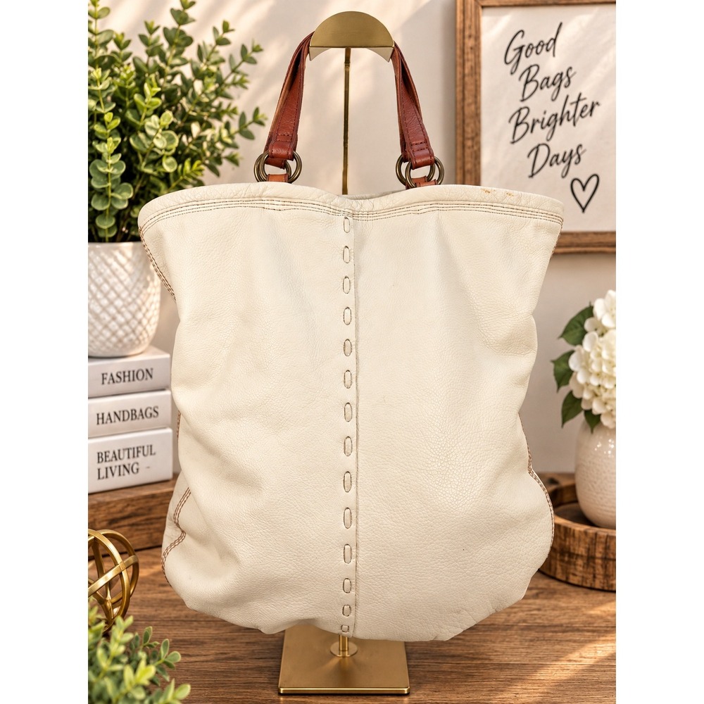 Lucky Brand Cream Pebbled Leather Hobo Bag Whipstitch Brown Handles Large Tote